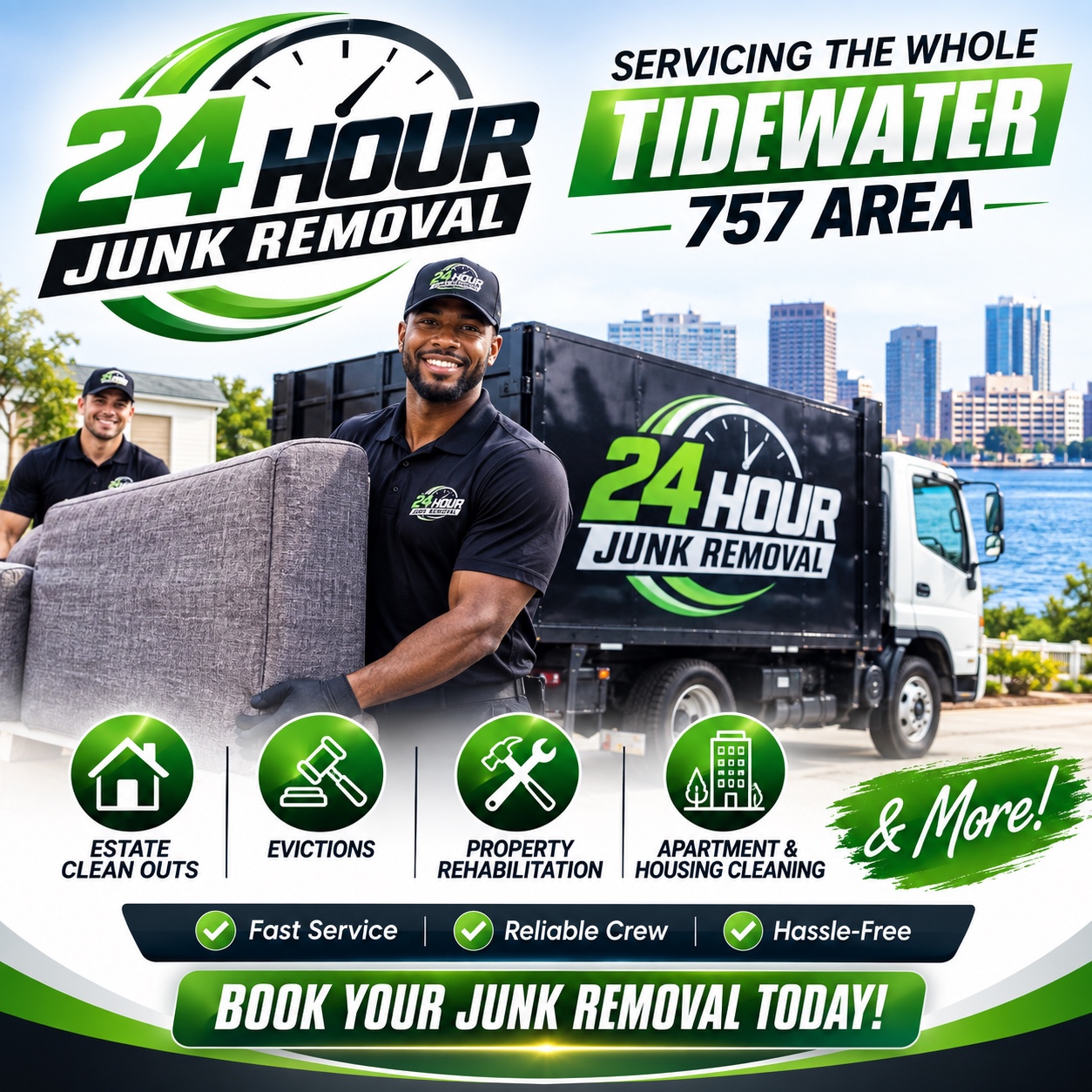 24 Hour Junk Removal crew serving the whole Tidewater 757 area with estate cleanouts, evictions, property rehabilitation, and apartment and housing cleaning