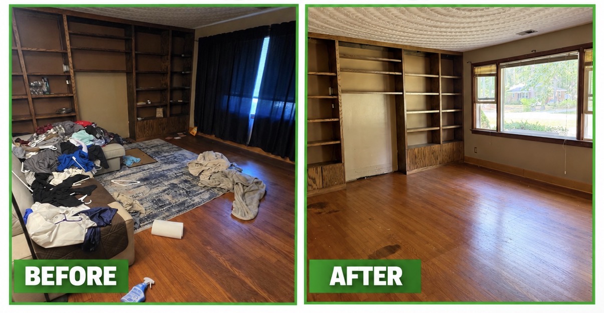 Before and after den cleanout