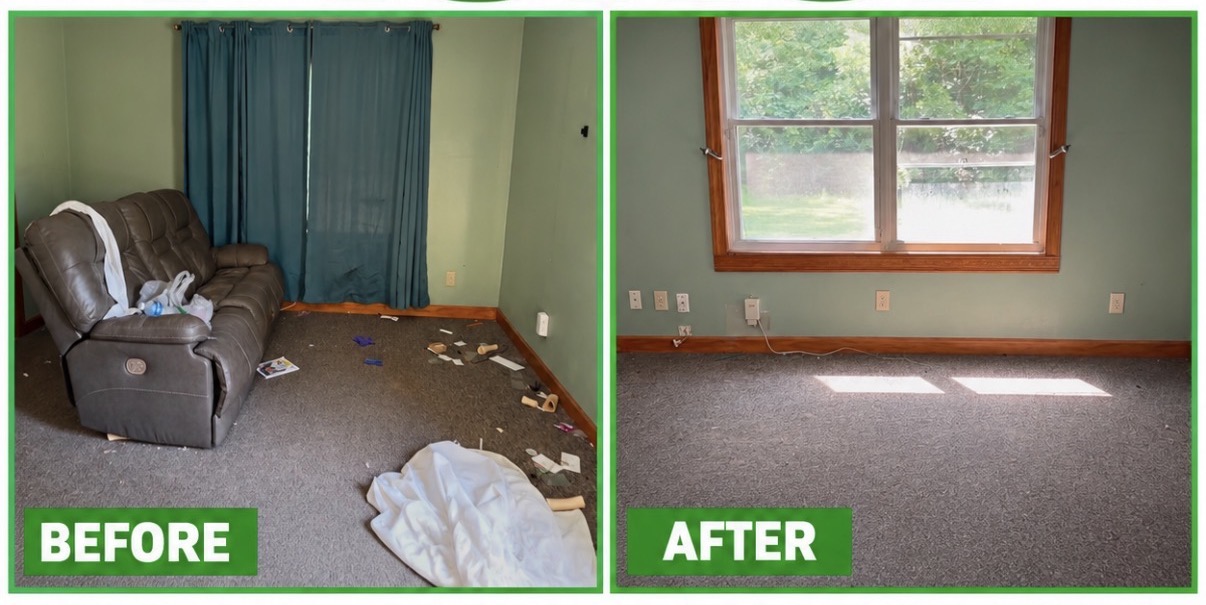 Before and after junk removal in a living room