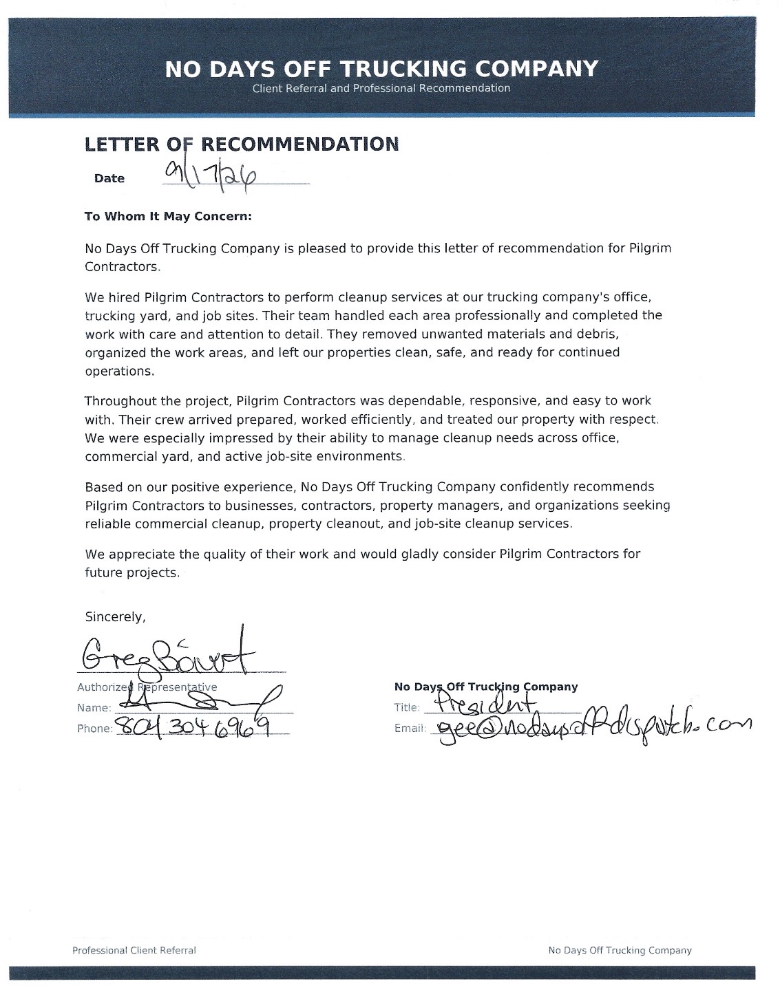 Signed recommendation letter from No Days Off Trucking Company