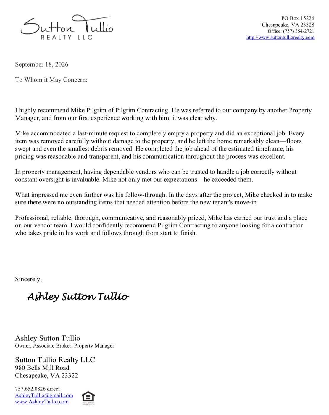 Signed recommendation letter from Sutton Tullio Realty LLC