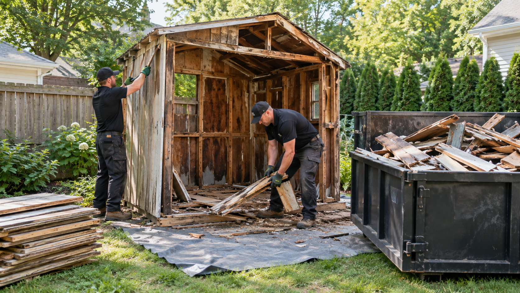 Professional removal crew dismantling an old backyard shed and hauling the debris